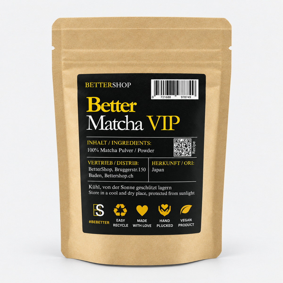 Better Bio Matcha VIP Ceremonial 50 g: Rückseite mit neuem Label, Zutaten, Herkunft Japan, Lagerhinweisen und QR-Code.