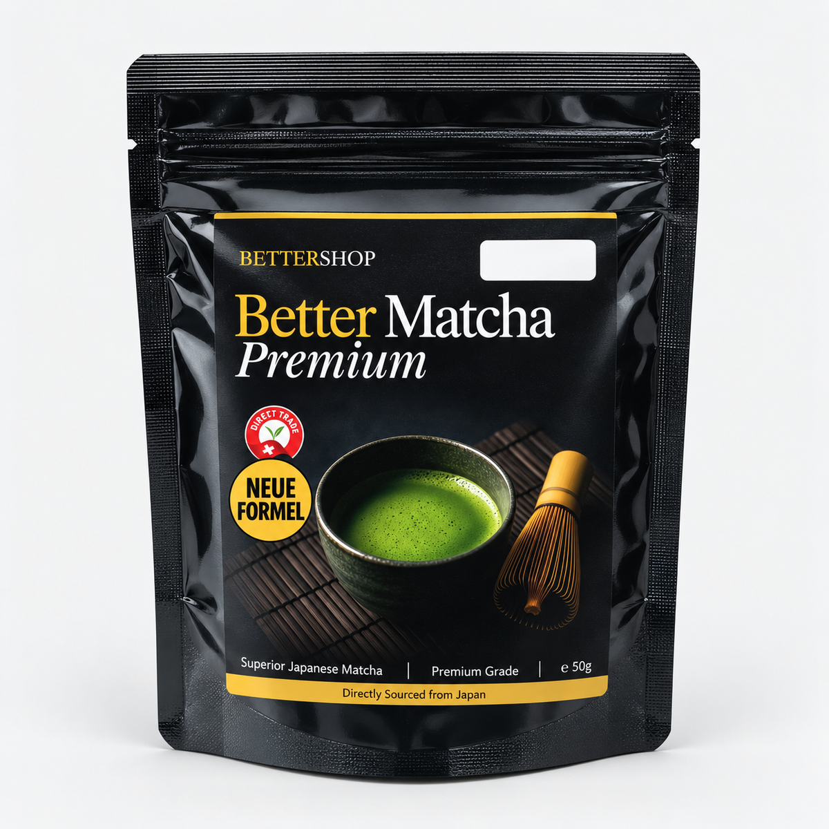 Better Bio Matcha Premium 50 g: Vorderseite des schwarzen Beutels mit neuem Label und «Neue Formel»-Hinweis.