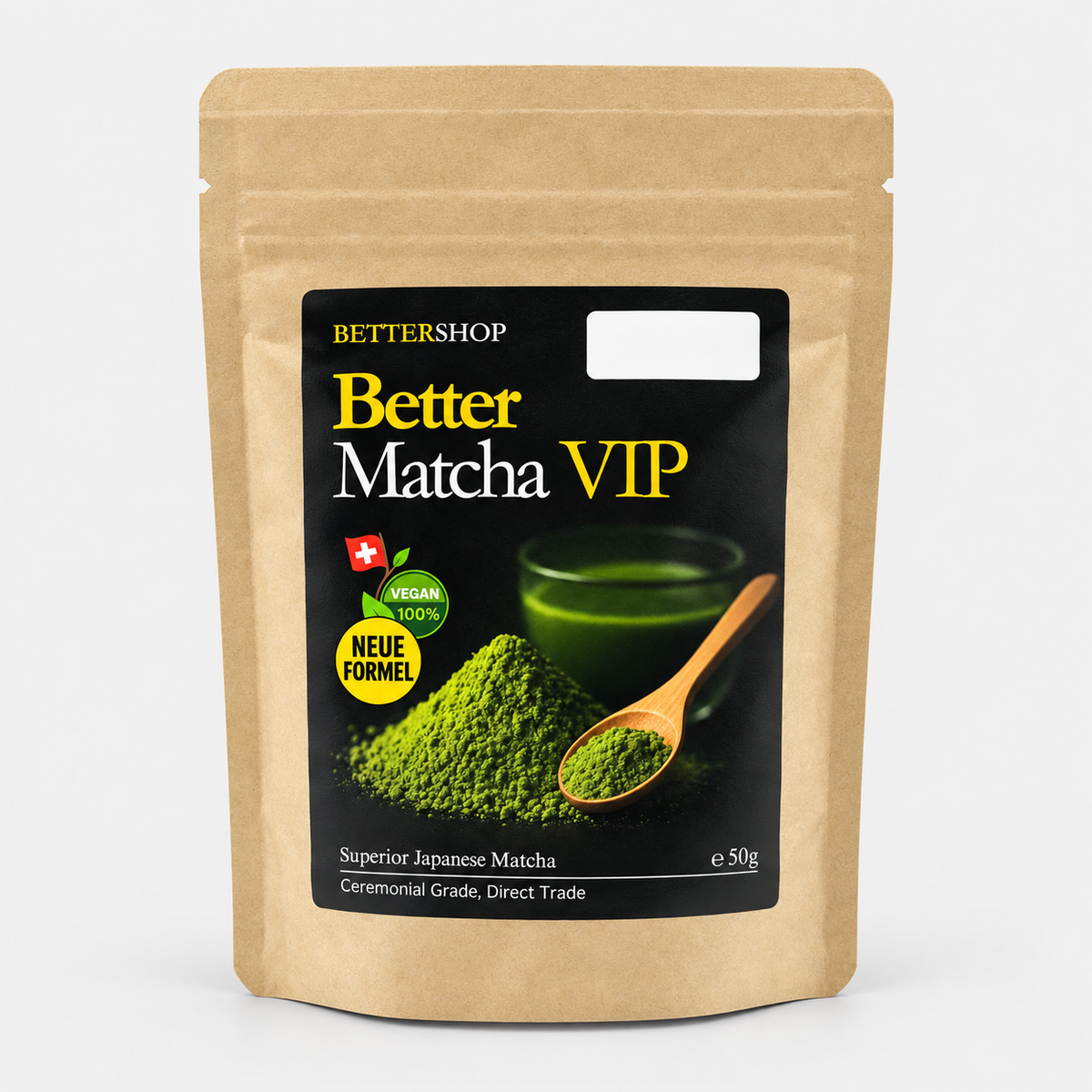 Better Bio Matcha VIP Ceremonial 50 g: Vorderseite des Kraftpapierbeutels mit neuem Label und «Neue Formel»-Hinweis.
