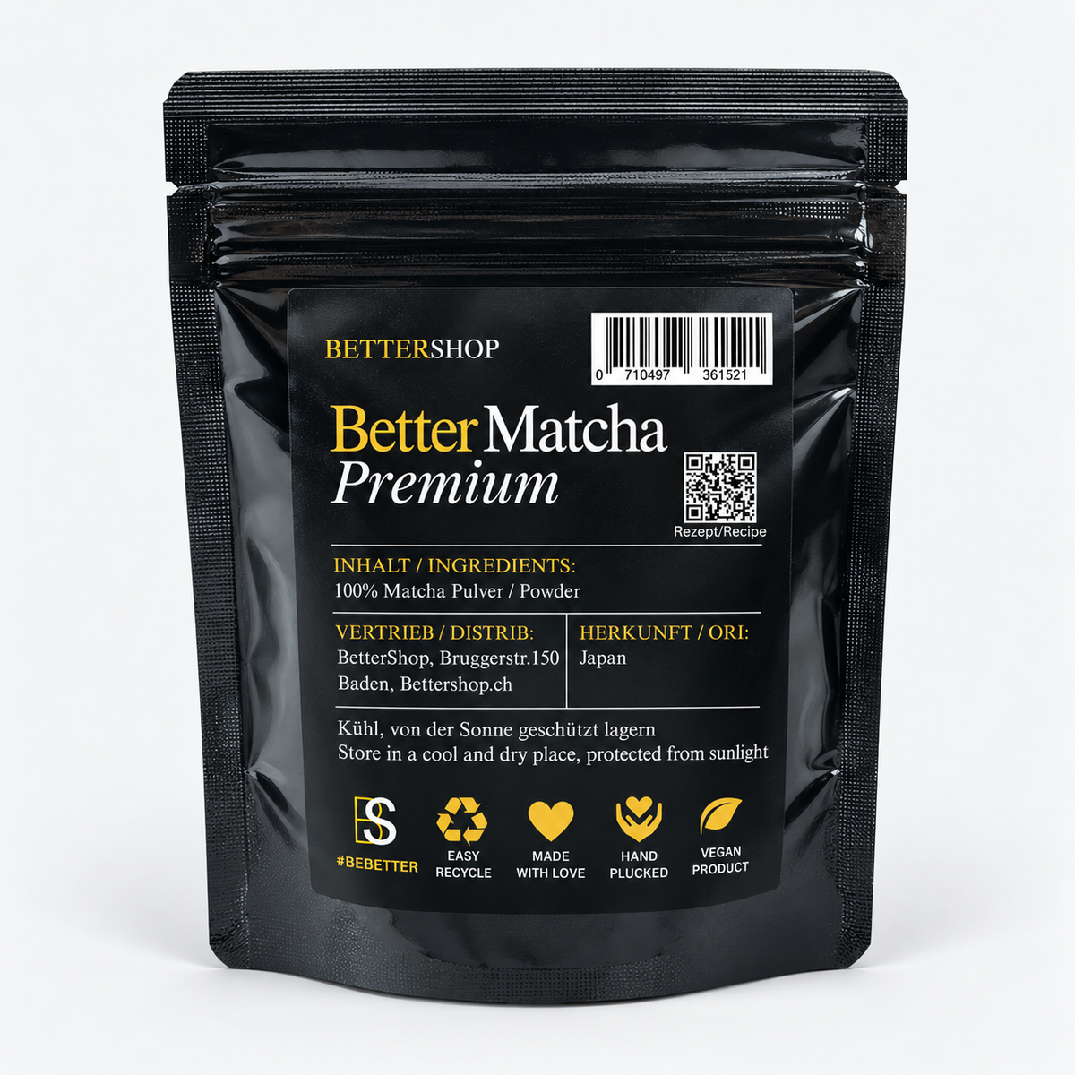 Better Bio Matcha Premium 50 g: Rückseite mit neuem Label, Zutaten, Herkunft Japan, Lagerhinweisen und QR-Code.