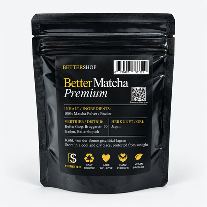 Better Bio Matcha Premium 50 g: Rückseite mit neuem Label, Zutaten, Herkunft Japan, Lagerhinweisen und QR-Code.